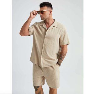 SHEIN Men's Tan Short Sleeve Shirt and Shorts Set